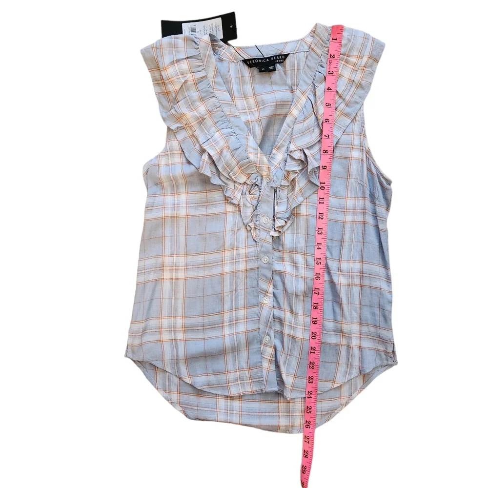 Veronica Beard NWT Size XS Leina Shirt in Vapor Multi, Sleeveless Ruffles Linen - Picture 8 of 14